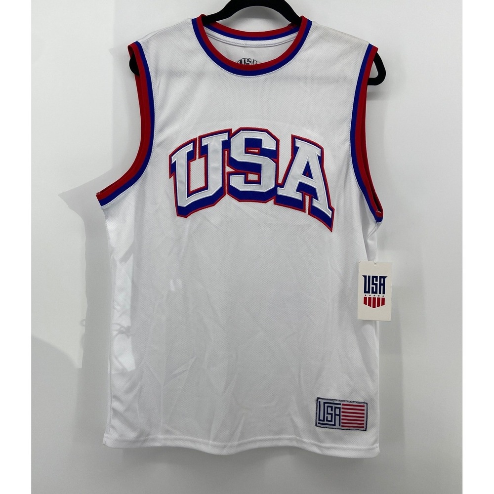 USA Basketball Jersey Tank Top Mens Medium White Red Blue Mesh Patriotic NWT